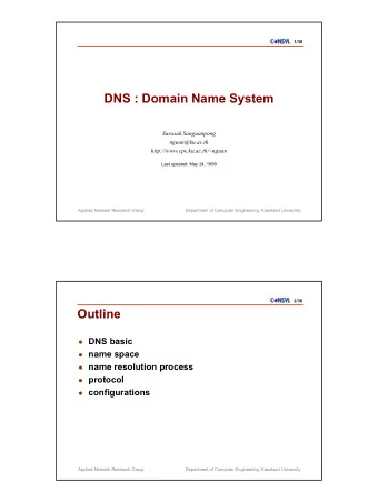 DNS : Domain Name System  Surasak Sanguanpong  nguan@ku.ac.th  http://www.cpe.ku.ac.th/~nguan  Last