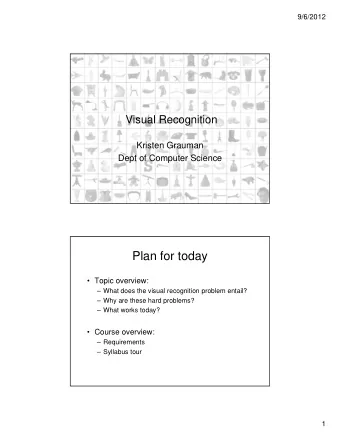 Plan for today   Topic overview:   What does the visual recognition problem entail?   Why