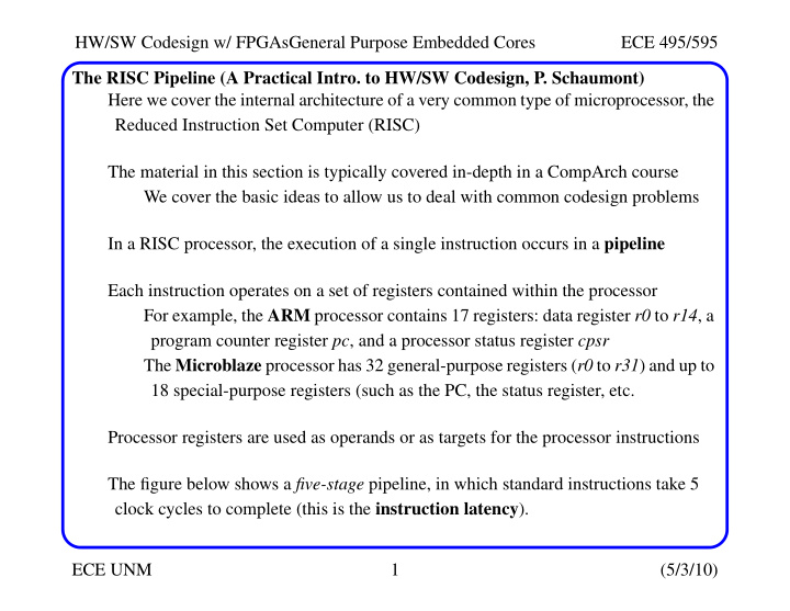 hw sw codesign w fpgasgeneral purpose embedded cores ece