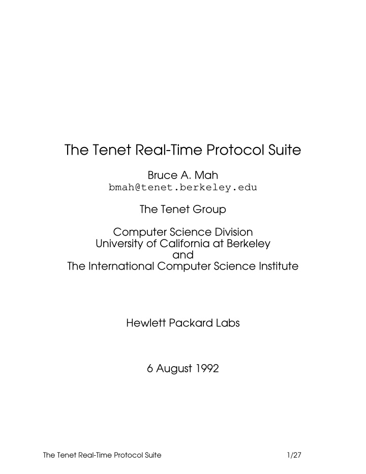 the tenet real time protocol suite bruce a mah bmah tenet