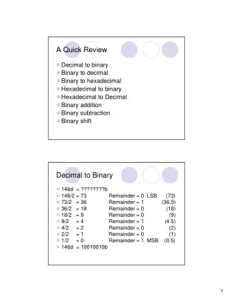 A Quick Review  Decimal to binary  Binary to decimal  Binary to hexadecimal