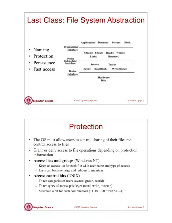 Last Class: File System Abstraction   Naming   Protection   Persistence   Fast access
