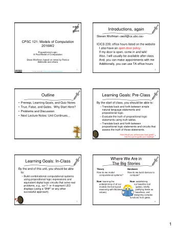 1  Logic for Reasoning about Truth:  Outline  Where Should We Start?  Prereqs, Learning Goals,