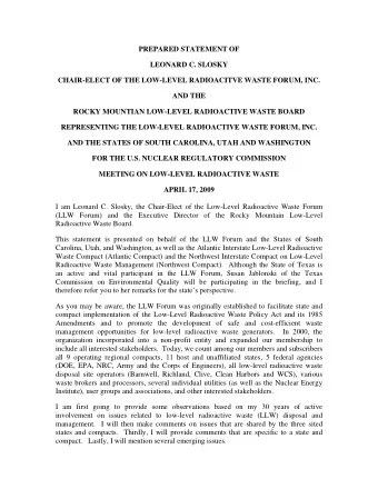 PREPARED STATEMENT OF  LEONARD C. SLOSKY  CHAIR-ELECT OF THE LOW-LEVEL RADIOACITVE WASTE FORUM,