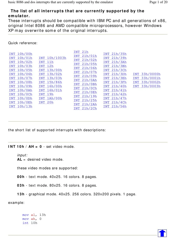 the list of all interrupts that are currently supported