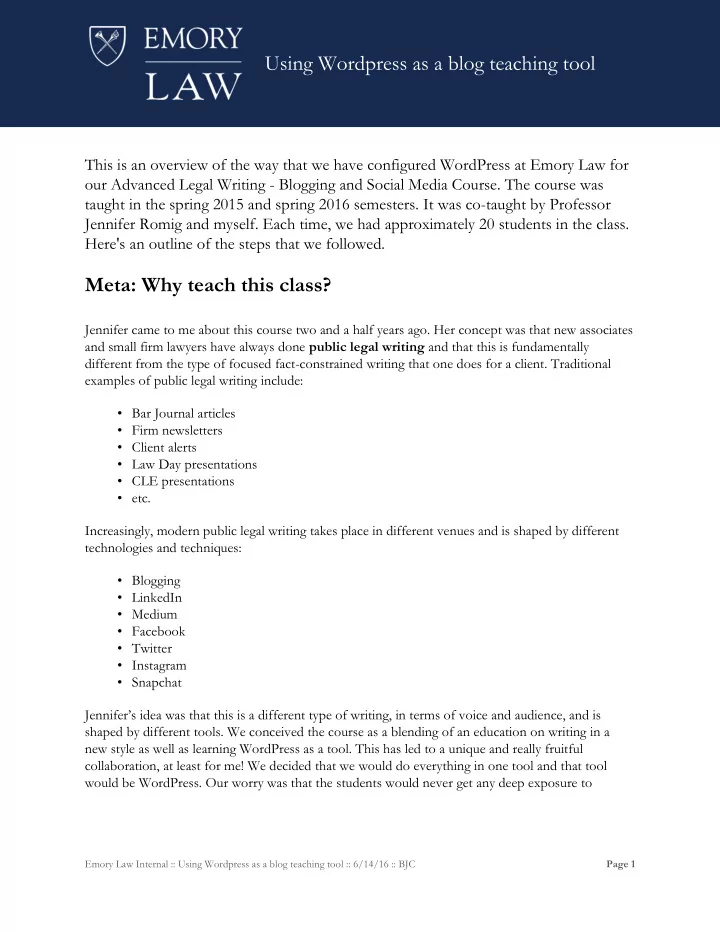 using wordpress as a blog teaching tool