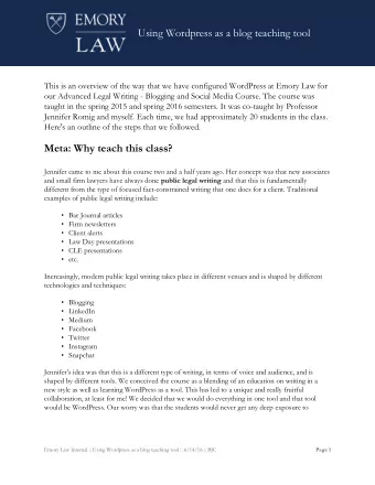 Using Wordpress as a blog teaching tool  This is an overview of the way that we have configured