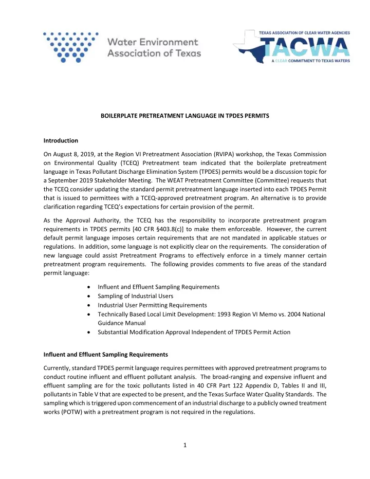 boilerplate pretreatment language in tpdes permits