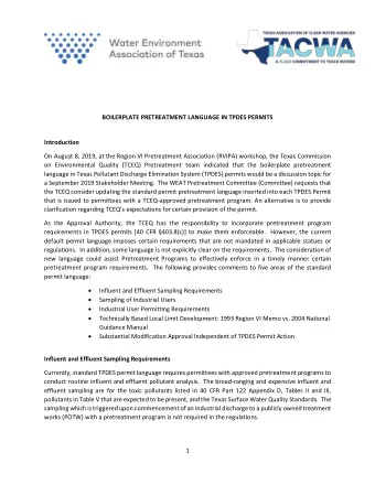 BOILERPLATE PRETREATMENT LANGUAGE IN TPDES PERMITS Introduction  On August 8, 2019, at the Region
