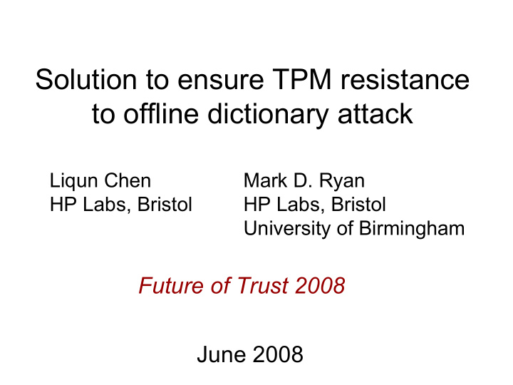 solution to ensure tpm resistance to offline dictionary