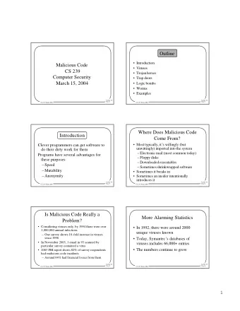 Outline   Introduction  Malicious Code   Viruses  CS 239   Trojan horses  Computer