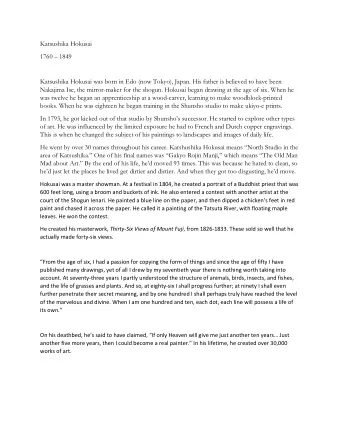 Katsushika Hokusai  1760  1849  Katsushika Hokusai was born in Edo (now Tokyo), Japan. His