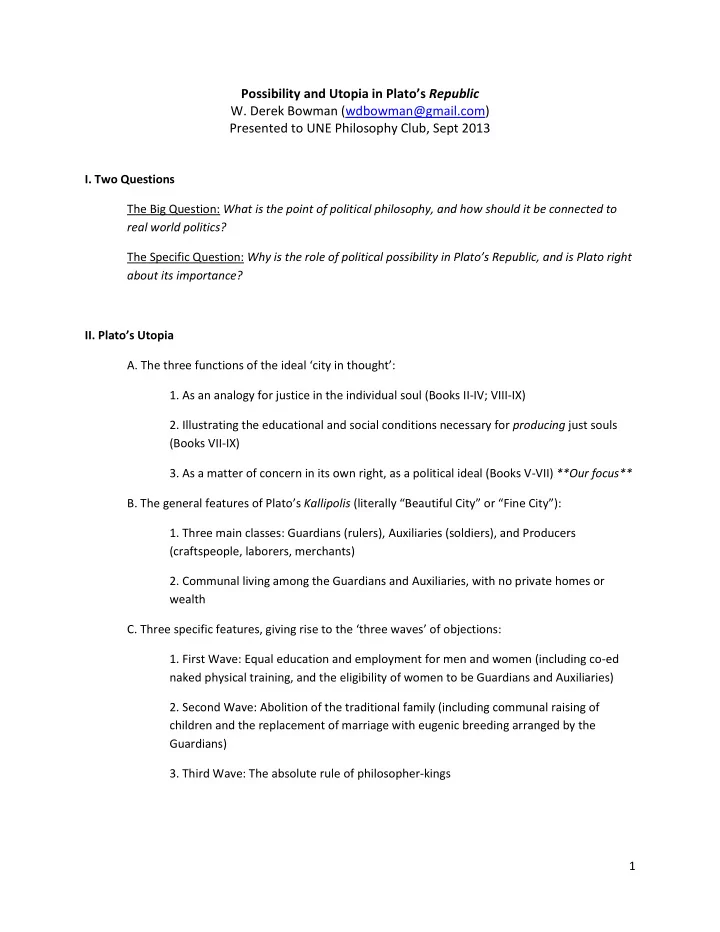 possibility and utopia in plato s republic w derek bowman