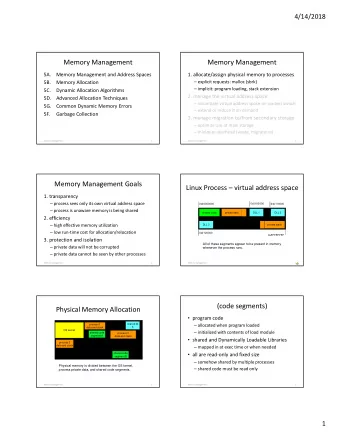 Memory Management  Memory Management  5A.  Memory Management and Address Spaces  1. allocate/assign