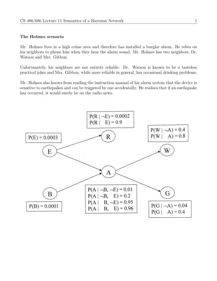 cs 486 686 lecture 11 semantics of a bayesian network 1