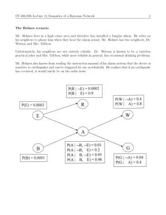 CS 486/686 Lecture 11 Semantics of a Bayesian Network  1  The Holmes scenario  Mr. Holmes lives in