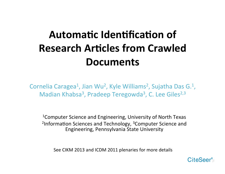 automa c iden fica on of research ar cles from crawled