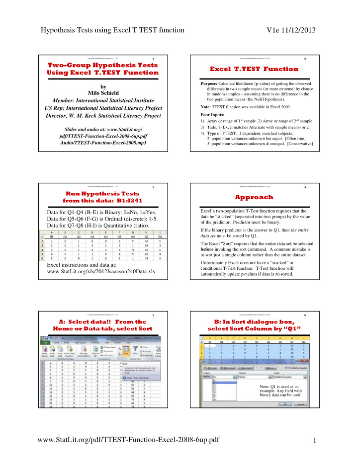 hypothesis tests using excel t test function v1e 11 12