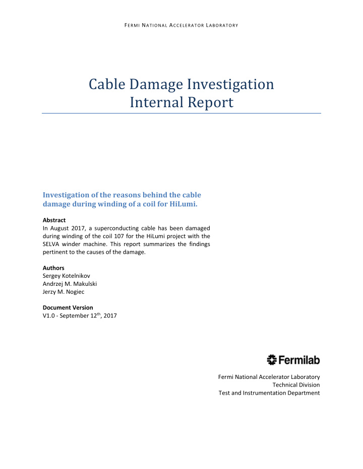 cable damage investigation internal report