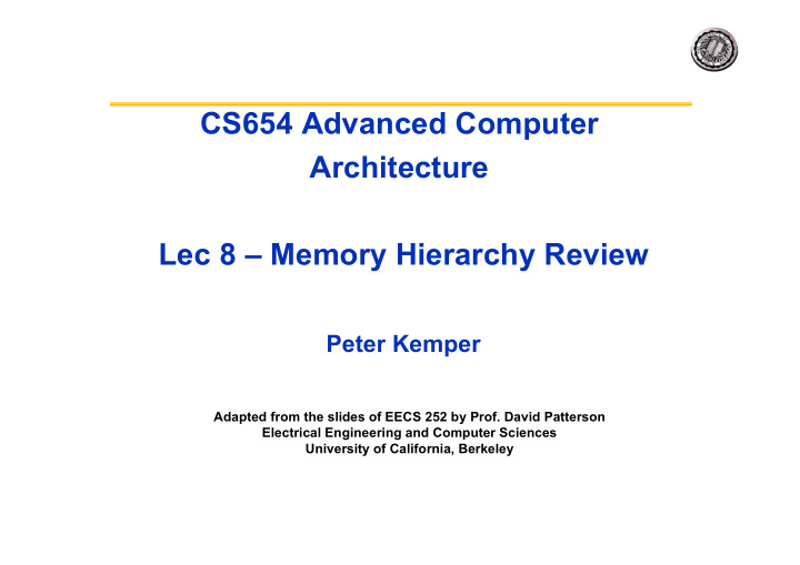 cs654 advanced computer architecture lec 8 memory