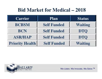 Bid Market for Medical  2018  Carrier  Plan  Status  BCBSM  Self Funded  Waiting  BCN  Self
