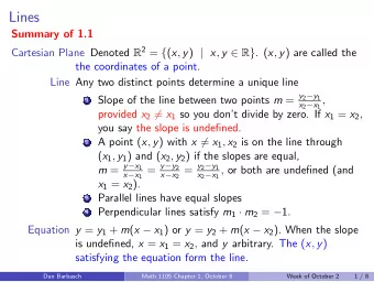 Lines  Summary of 1.1 Cartesian Plane Denoted R 2 = { ( x , y ) | x , y  R } . ( x , y ) are