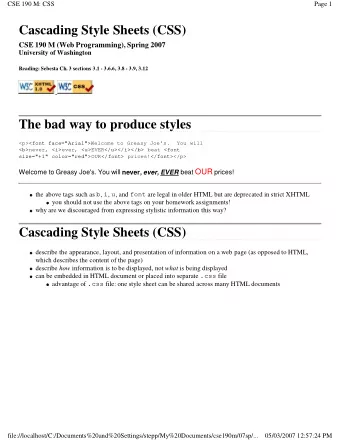 Cascading Style Sheets (CSS)  CSE 190 M (Web Programming), Spring 2007  University of Washington