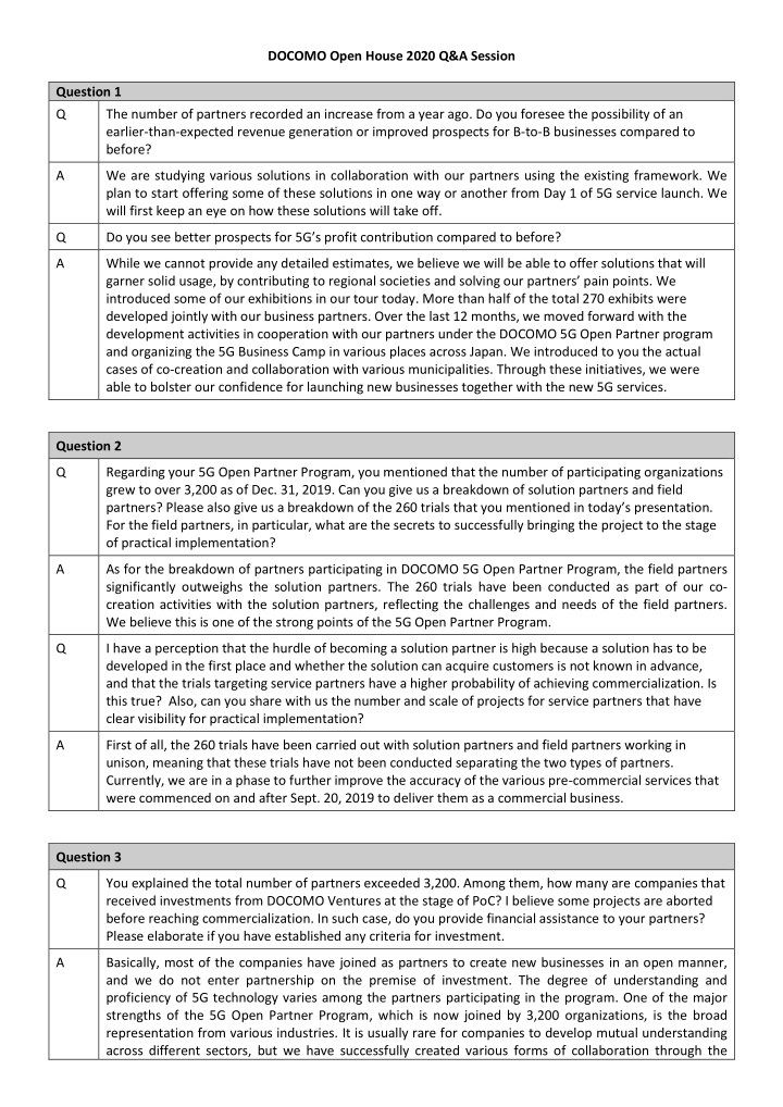 docomo open house 2020 q amp a session question 1 q the