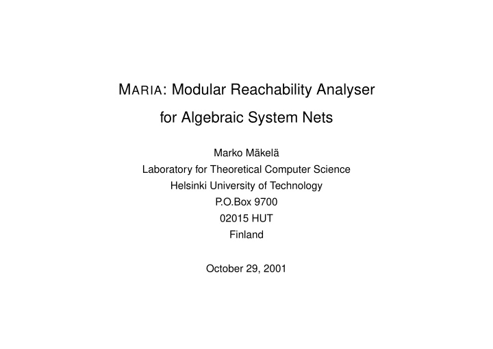 m aria modular reachability analyser for algebraic system