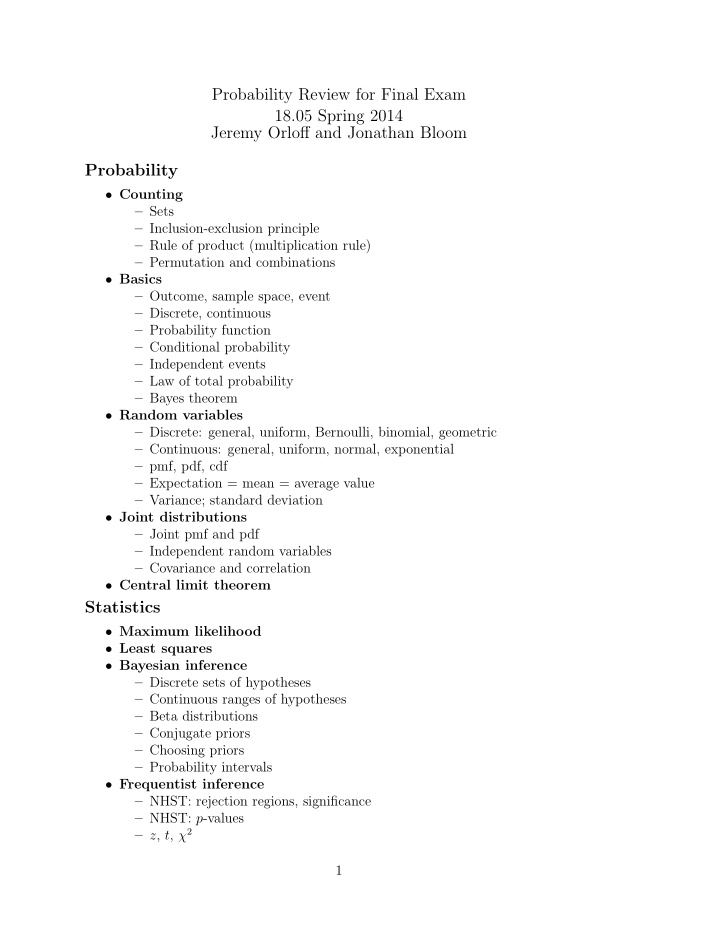 probability review for final exam 18 05 spring 2014