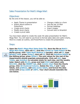 Sale  les Pre  resentatio ion for Matts Mega Mart  Object  ctiv  ives  By the end of this