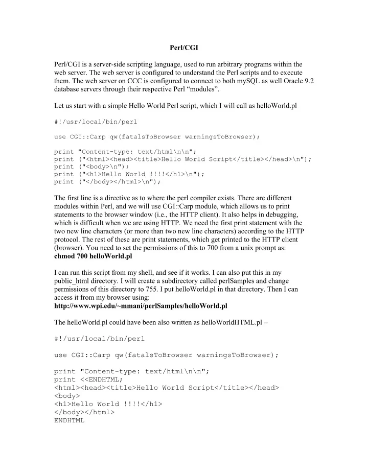 perl cgi perl cgi is a server side scripting language