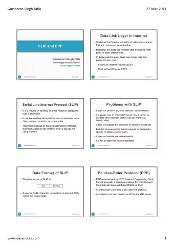 Gursharan Singh Tatla  27-Mar-2011  Data Link Layer in Internet  We know that Internet consists