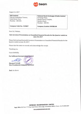 For Infibeam   d  Shyamal Trivedi  Vice President &amp; C  End: As Above  INFIBEAM INCORPORATION