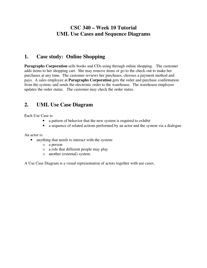 csc 340 week 10 tutorial uml use cases and sequence