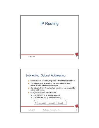IP Routing  12 May, 2002  1  Subnetting: Subnet Addressing