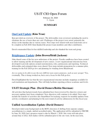US:IT CIO Open Forum  February 26, 2020  3 - 4 p.m.  SUMMARY  OneCard Update (Kim Tran)  Kim