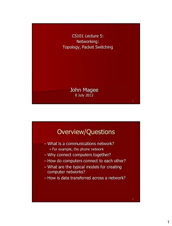 Overview/Questions  What is a communications network?  For example, the phone network  Why