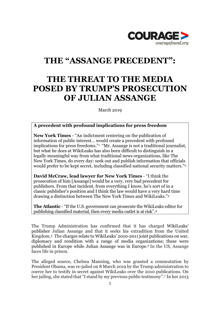 the assange precedent the threat to the media posed by