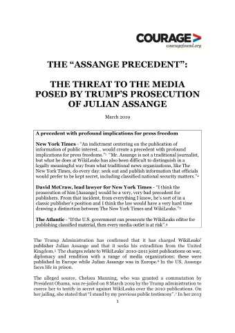 THE ASSANGE PRECEDENT:  THE THREAT TO THE MEDIA POSED BY TRUMPS PROSECUTION  OF JULIAN