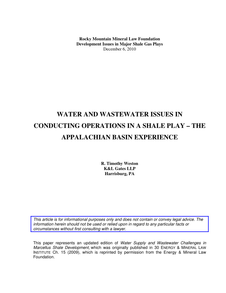water and wastewater issues in conducting operations in a