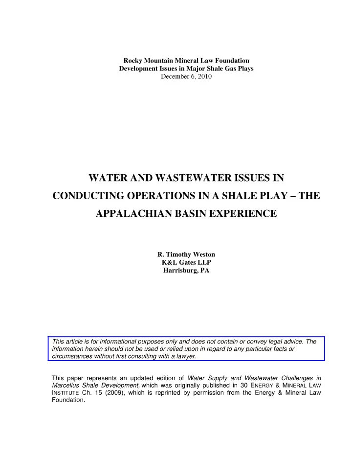 water and wastewater issues in conducting operations in a