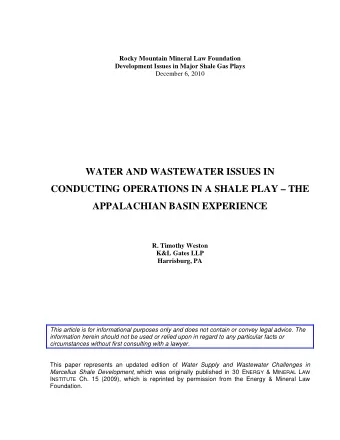 WATER AND WASTEWATER ISSUES IN  CONDUCTING OPERATIONS IN A SHALE PLAY  THE  APPALACHIAN BASIN