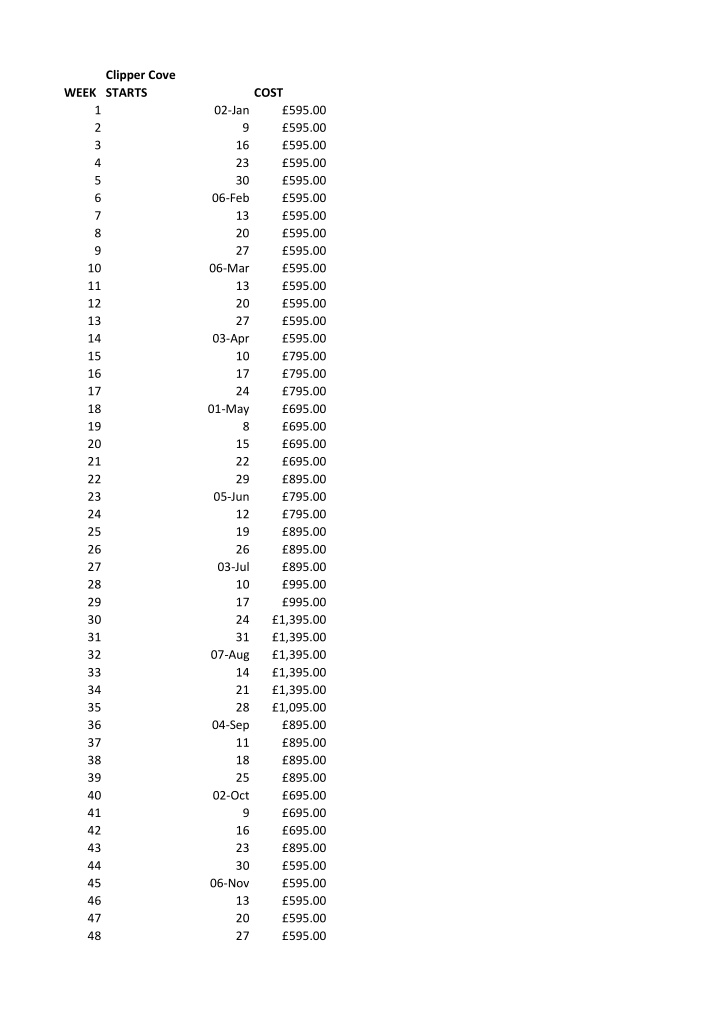 clipper cove week starts cost 1 02 jan 595 00 2 9 595 00