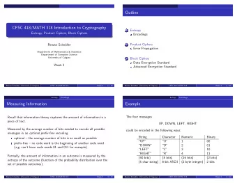 Outline  CPSC 418/MATH 318 Introduction to Cryptography  Entropy  1  Entropy, Product Ciphers,
