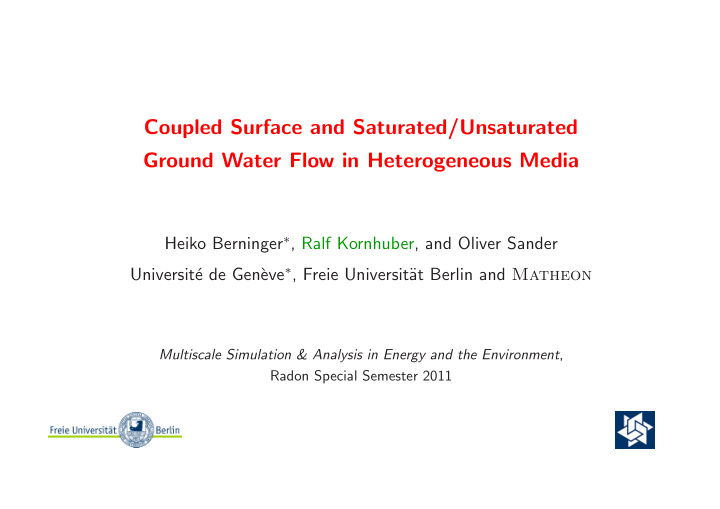 coupled surface and saturated unsaturated ground water