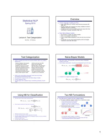 StatisticalNLP  Sofar:languagemodelsgiveP(s)  Spring2010