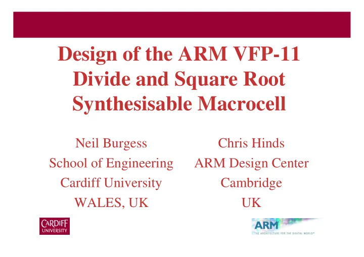 design of the arm vfp 11 divide and square root