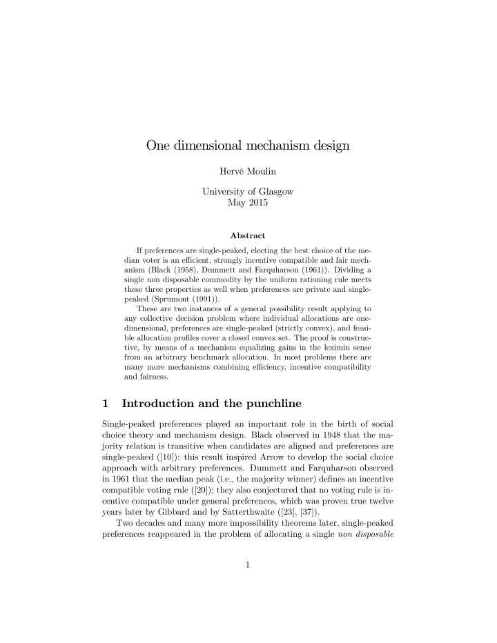 one dimensional mechanism design