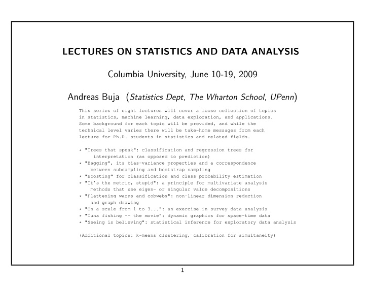 lectures on statistics and data analysis columbia